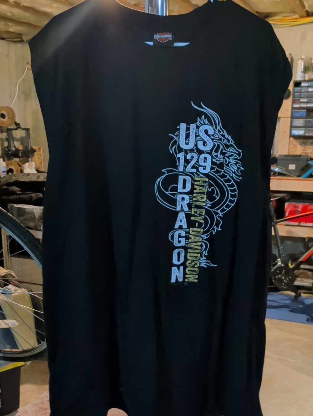Harley-Davidson Black Tee with Vertical Dragon Graphic and Yellow Accent